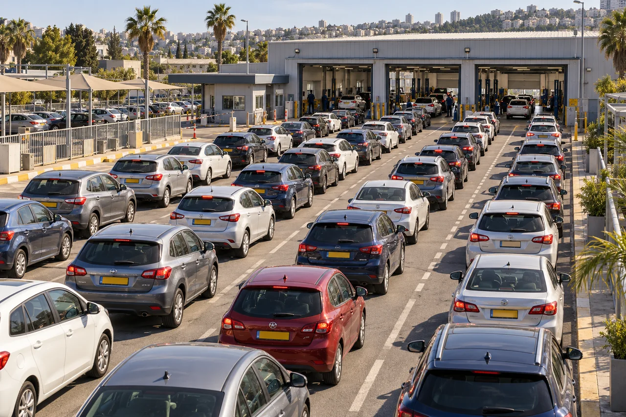 המחשה של תורים ארוכים של מכוניות הממתינות במכון רישוי